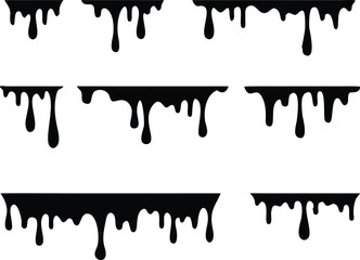 Black melt drips or liquid paint drops. Dripping liquid. Paint flows. Current paint, stains. Current drops. Current inks. Vector illustration. isolated on white background
