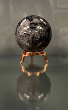 Crystal Quartz Sphere on Gold Stand with Reflection - Mystic Healing Stone Decor