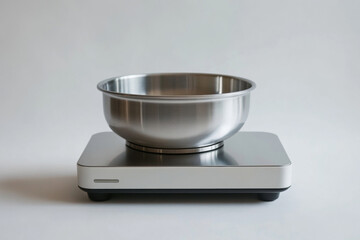 Digital kitchen scale with metal mixing bowl on white background