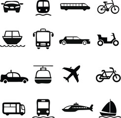 Transport Vector Icon set. Contains such Icons as Taxi, Train, Tram, Airplane, car, Public bus, Ship/Ferry, bicycle, motorcycle and more.