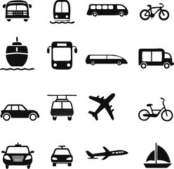 Transport Vector Icon set. Contains such Icons as Taxi, Train, Tram, Airplane, car, Public bus, Ship/Ferry, bicycle, motorcycle and more.