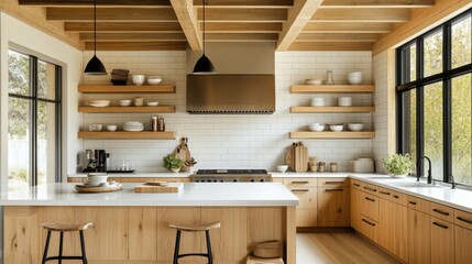 A modern kitchen features light wood cabinetry, a metal countertop, white tiled backsplash, open shelving, and wooden ceiling beams under soft lighting.