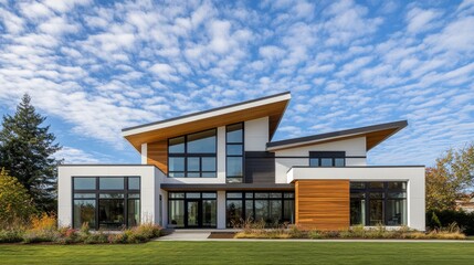 A modern two-story house with angular roof, large windows, white and wood design, enclosed front yard, and clear skies with scattered clouds.