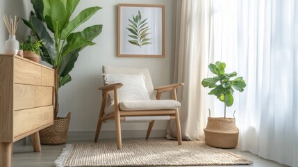 Bedroom corner with light chair, wooden dresser, framed artwork, sheer curtains, and greenery. Woven rug enhances warm mood