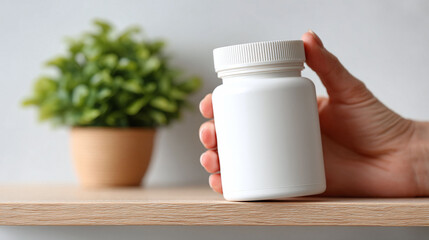 Hand holding a white pill bottle on a shelf with a plant in the background. Clean, minimalist design for health, wellness, or pharmaceutical concepts.
