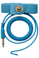 Durable blue wrist strap with coiled cord for electronic devices on a transparent background