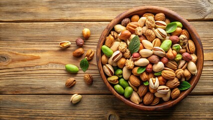 A bowl filled with mixed nuts including pistachios in various shades of brown and green against a warm beige wooden background