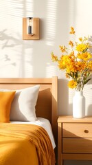 Sunny bedroom, mustard bedding, flowers, wood decor, light