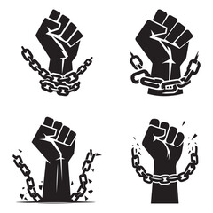 Silhouette vector of a raised fist breaking free from chains, strong bold shape, centered on pure white background, Juneteenth freedom concept, minimal design