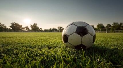 Soccer Ball On Grassy Field At Sunrise