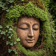 Serene Buddha Face Carving Enveloped in Lush Green Moss and Clover Plants
