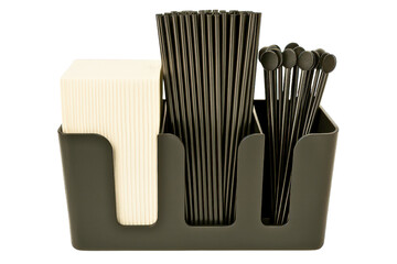 Organized container holding straws and stirrers for drinks on a transparent background