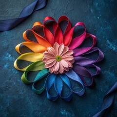 Colorful Ribbon Flower with Pink Daisy Center on Dark Textured Background