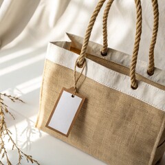 Elegant Jute Tote Bag with Rope Handles and Blank Tag Mockup