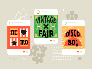 Retro posters and events - social media screens templates set