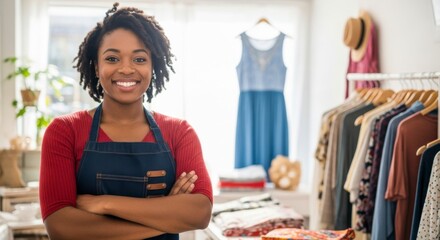 Entrepreneurial spirit a fashion boutique owner smiling in her store bright and inviting atmosphere portrait view celebrating small business success