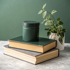 Still life composition with books green container and small potted plant