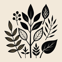 Set monochrome simple leaves botanical branches with stem and foliage vector