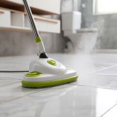 Close up of a steam mop cleaning a tiled bathroom floor with a toilet and cabinets in background