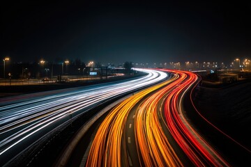Fototapeta premium Night highway, streaks of light from car headlights illuminate winding roads in a city at night