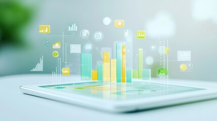 Interactive D bar graph hovering over tablet screen with data icons and floating labels