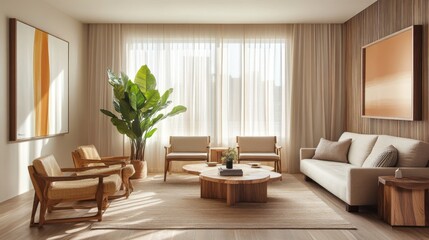 Living room with soft-toned sofa, wooden chairs, sheer curtains, and a potted plant. A textured rug and art bring warmth to the space