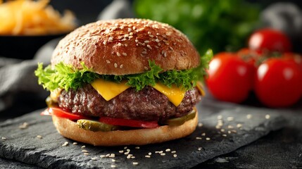 Close Up Gourmet Cheeseburger On Dark Slate
