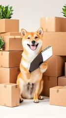 Shiba Inu holding folder amidst moving boxes