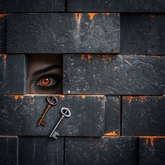 Eye Through the Wall with Keys A Conceptual Image of Mystery and Secrets