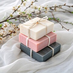 Stack of Natural Handmade Soaps with Spring Blossoms on White Fabric