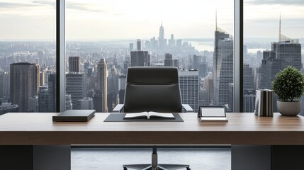 Minimal executive desk with chair, open notebook, tablet, and city view in background