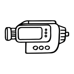 A simple line drawing of a video camera. The camera features a lens, buttons, and a rectangular body. It represents video recording technology.