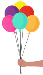 Main qui tient un bouquet de ballons coloré, vecteur festif pour célébrer un événement