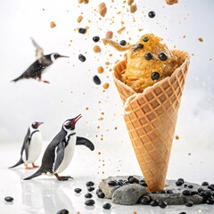 Penguin Curiosity A Waffle Cone Creation with Falling Candies and Exotic Birds