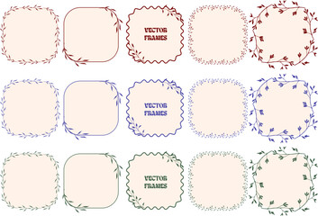 Floral vector frames with hand-drawn decorative border leaves for wedding invitation, cards
