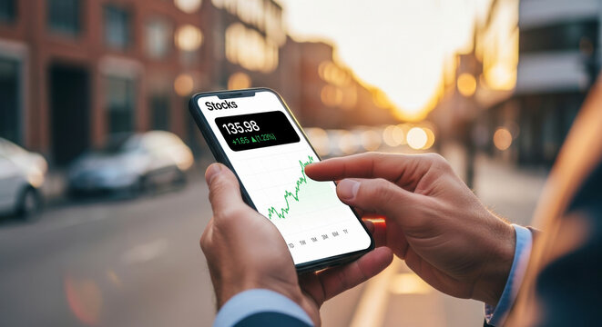 Analyzing stock market trends on mobile urban environment business insights digital technology close-up perspective financial awareness
