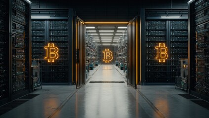 Futuristic server room with Bitcoin symbols
