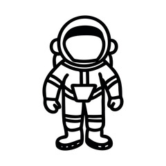 A simple line drawing of a cartoon astronaut in a space suit. The astronaut stands upright, wearing a helmet and boots, with a basic design.