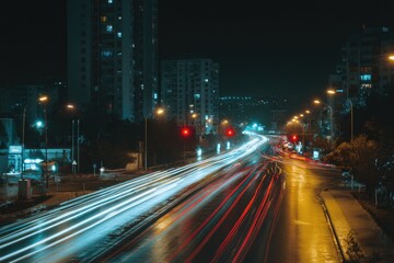 Night city street with blurred car trails