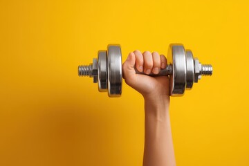 Hand holding a metallic dumbbell against a bright yellow background