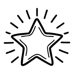 A simple black outline of a star with radiating lines around it. The design is minimalistic and suitable for various graphic applications.