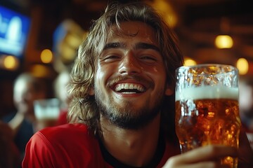 Cheerful man holding beer in cozy pub, enjoying evening with friends in warm ambiance