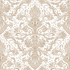 Damask style, white and brown colors, swirl ornament. Seamless floral pattern-745.