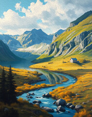 Obraz premium Mountain landscape. Pattern with oil paint for printing on wall decorations, covers, wallpapers