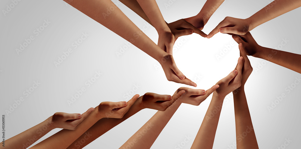 Poster unity and togetherness partnership as heart hands in a group of diverse people connected together sh