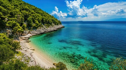Picturesque coastline with turquoise waters and lush greenery landscape view