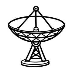 A black and white illustration of a satellite dish on a support structure. The dish is large and circular, designed for receiving signals.