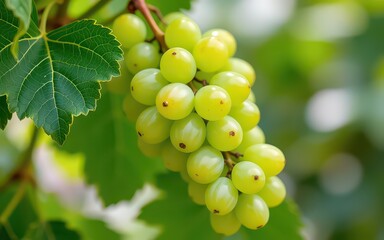 Fresh green grapes hanging on a vine surrounded by lush leaves.