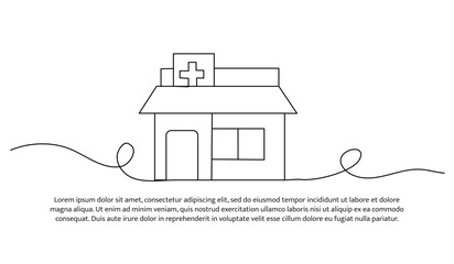 One line a hospital building with a medical. Abstract minimal continuous line.