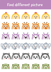 Logical games, educational activities for kids. Learning games for preschool, kindergarten. Find different picture. Printable worksheets, teacher resources. Training focus, attention, concentration.